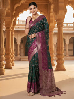 Akhilam - Women Silk Blend Green Woven Design Designer Saree with Unstitched Blouse