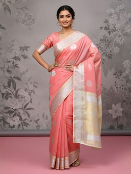 Akhilam - Women Silk Cotton Pink Woven Design Woven Saree with Unstitched Blouse