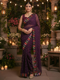 Akhilam - Women Georgette Purple Embellished Designer Saree with Unstitched Blouse