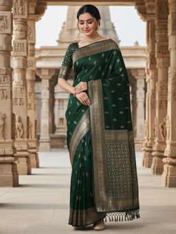Akhilam - Women Silk Blend Green Woven Design Designer Saree with Unstitched Blouse