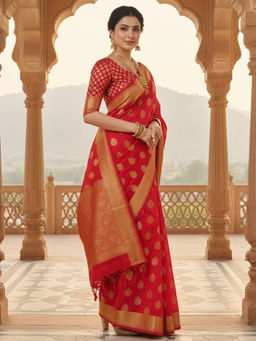Akhilam - Women Silk Blend Red Woven Design Celebrity Saree with Unstitched Blouse