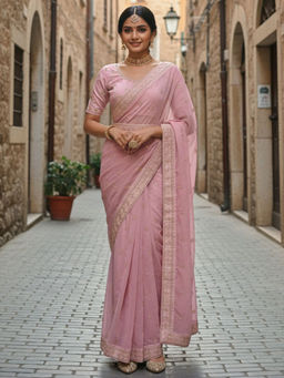 Akhilam - Women Georgette Pink Embroidered Designer Saree with Unstitched Blouse