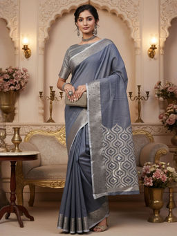 Akhilam - Women Linen Blend Blue Woven Design Celebrity Saree with Unstitched Blouse