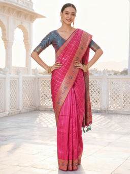 Akhilam - Women Silk Blend Pink Woven Design Designer Saree with Unstitched Blouse