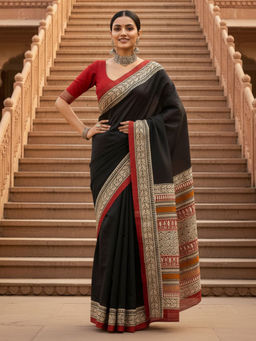 Akhilam - Women Bhagalpuri Silk Black Printed Designer Saree with Unstitched Blouse