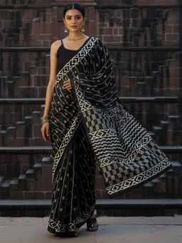 Akhilam - Women Bhagalpuri Silk Black Printed Designer Saree with Unstitched Blouse