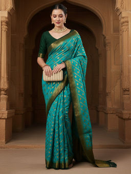 Akhilam - Women Georgette Blue Woven Design Designer Saree with Unstitched Blouse