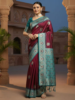 Akhilam - Women Soft Silk Maroon Woven Design Designer Saree with Unstitched Blouse