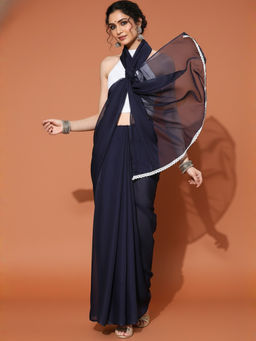 Akhilam - Women Organza Navy Blue Solid Celebrity Saree with Unstitched Blouse