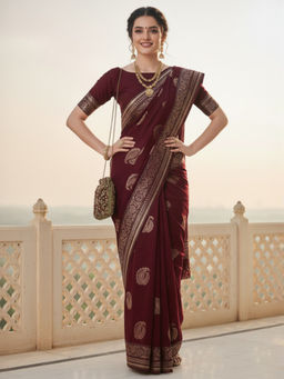 Akhilam - Women Silk Blend Brown Woven Design Celebrity Saree with Unstitched Blouse