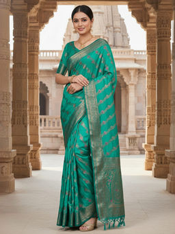 Akhilam - Women Dola Silk Turquoise Woven Design Saree with Unstitched Blouse