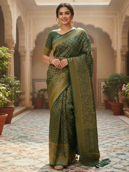 Akhilam - Women Georgette Green Woven Design Woven Saree with Unstitched Blouse