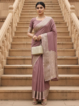Akhilam - Women Linen Blend Mauve Woven Design Designer Saree with Unstitched Blouse