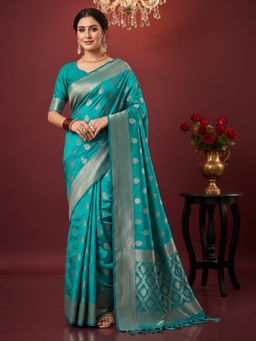 Akhilam - Women Nylon Light Blue Woven Design Designer Saree with Unstitched Blouse