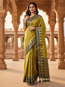 Akhilam - Women Nylon Light Green Woven Design Designer Saree with Unstitched Blouse