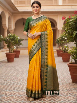 Akhilam - Women Nylon Yellow Woven Design Designer Saree with Unstitched Blouse