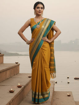 Akhilam - Women Aura Silk Mustard Woven Design Designer Saree with Unstitched Blouse