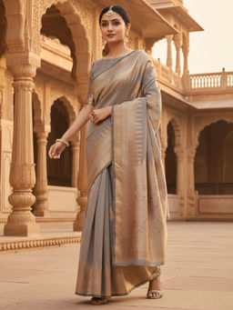 Akhilam - Women Silk Blend Grey Woven Design Designer Saree with Unstitched Blouse
