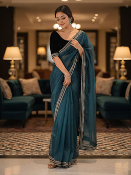 Akhilam - Women Net Teal blue Embellished Designer Saree with Unstitched Blouse