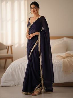 Akhilam - Women Satin Purple Embellished Designer Saree with Unstitched Blouse