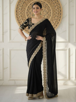 Akhilam - Women Satin Black Embellished Designer Saree with Unstitched Blouse