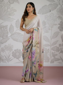 Akhilam - Women Georgette Beige Printed Designer Saree with Unstitched Blouse