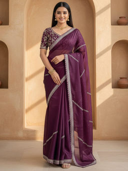 Akhilam - Women Organza Purple Embellished Designer Saree with Unstitched Blouse