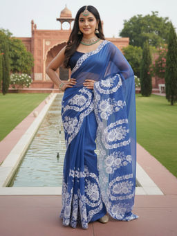 Akhilam - Women Organza Blue Embroidered Designer Saree with Unstitched Blouse