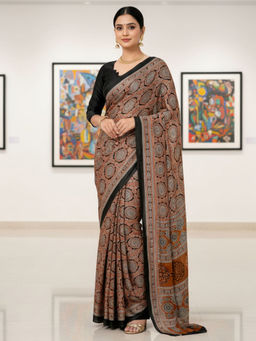 Akhilam - Women Crepe Brown Digital Print Designer Saree with Unstitched Blouse