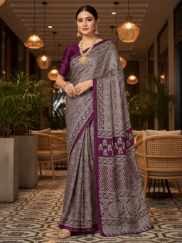 Akhilam - Women Crepe Purple Digital Print Designer Saree with Unstitched Blouse