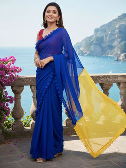 Akhilam - Women Georgette Blue Solid Celebrity Saree with Unstitched Blouse