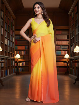 Akhilam - Women Organza Yellow Solid Celebrity Saree with Unstitched Blouse