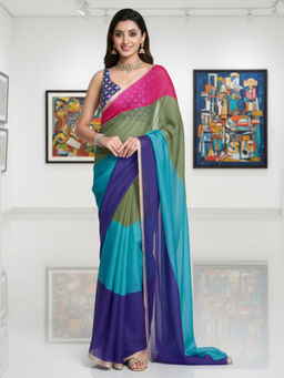 Akhilam - Women Organza Multicolored Solid Celebrity Saree with Unstitched Blouse