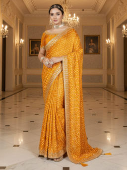 Akhilam - Women Vichitra Silk Yellow Embellished Saree with Unstitched Blouse