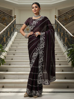 Akhilam - Women Satin Silk Purple Embroidered Designer Saree with Unstitched Blouse