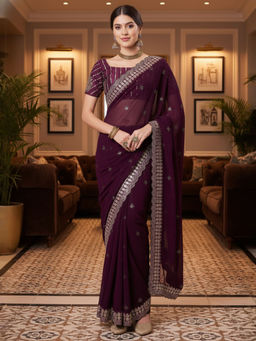 Akhilam - Women Georgette Purple Embellished Designer Saree with Unstitched Blouse