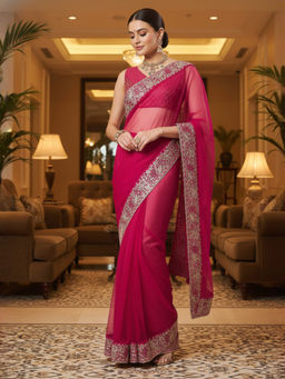 Akhilam - Women Net Pink Embellished Designer Saree with Unstitched Blouse
