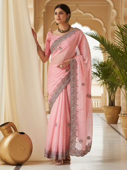 Akhilam - Women Georgette Pink Embellished Designer Saree with Unstitched Blouse