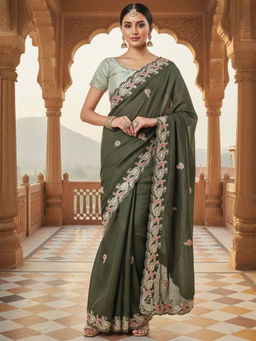 Akhilam - Women Silk Blend Olive Embellished Designer Saree with Unstitched Blouse