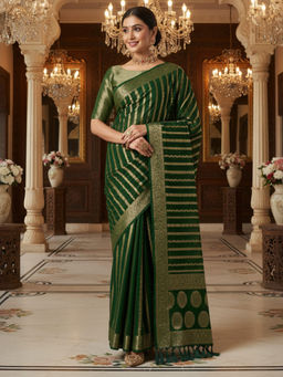 Akhilam - Women Georgette Green Woven Design Designer Saree with Unstitched Blouse