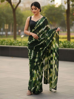 Akhilam - Women Georgette Green Colorblock Designer Saree with Unstitched Blouse