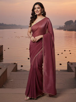 Akhilam - Women Satin Silk Maroon Embellished Designer Saree with Unstitched Blouse