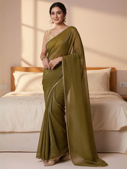 Akhilam - Women Satin Silk Olive Embellished Designer Saree with Unstitched Blouse
