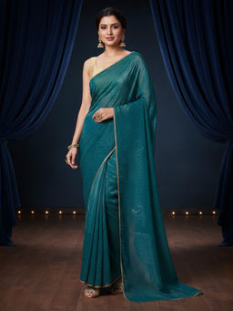 Akhilam - Women Satin Silk Teal green Embellished Saree with Unstitched Blouse