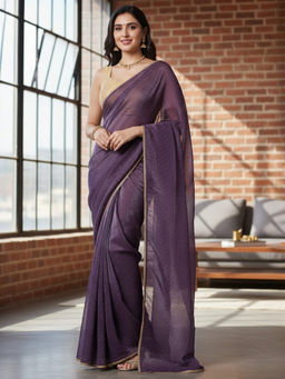 Akhilam - Women Satin Silk Purple Embellished Designer Saree with Unstitched Blouse