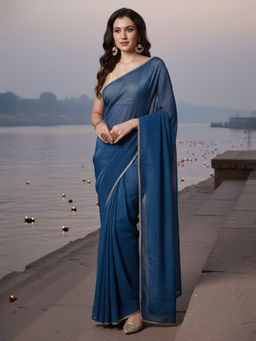 Akhilam - Women Satin Silk Teal blue Embellished Saree with Unstitched Blouse