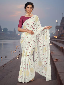 Akhilam - Women Chiffon White Embellished Celebrity Saree with Unstitched Blouse