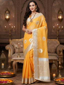 Akhilam - Women Silk Blend Yellow Solid Woven Saree with Unstitched Blouse