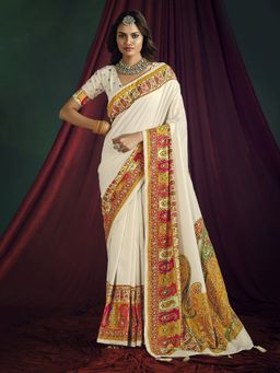 MEENA BAZAAR - Women Cream Art Silk Paisley Printed Saree Without Blouse