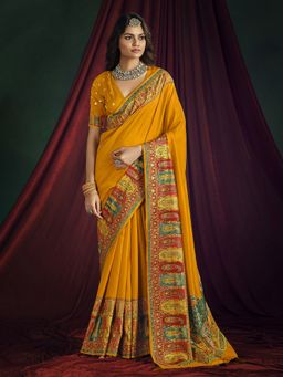 MEENA BAZAAR - Women Mustard Art Silk Paisley Printed Saree Without Blouse